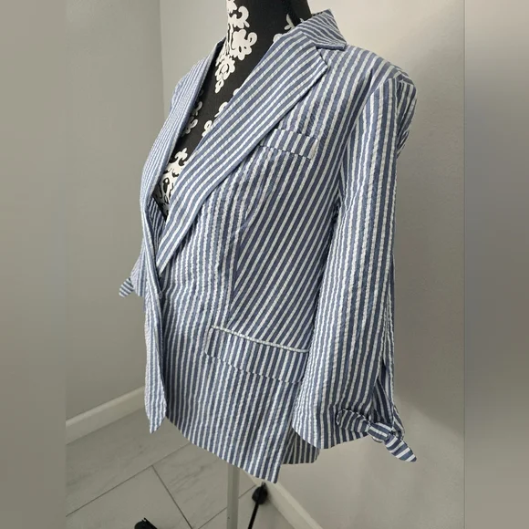 ELLE Open Front Vneck Blazer Shacket Women White/Blue striped 3/4 Sleeve Sz: M - Picture 3 of 14